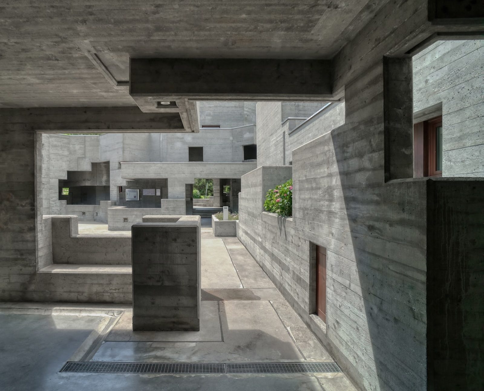 Brutalist concrete architecture, viewed from below
